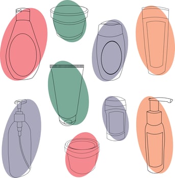 A set of bottles for bath and shower. Hygiene products. Bubbles for soap, shampoo, cream, mask, gel. vector