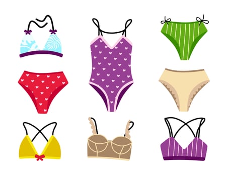 Collection of stylish swimwear and underwear Bikinis and tops Vector illustration isolated on a white background