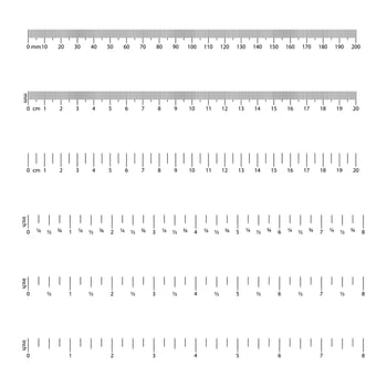 Inch and metric rulers. Measuring tool. Size indicator units. Centimeters and inches of the measuring scale. Vector illustration.