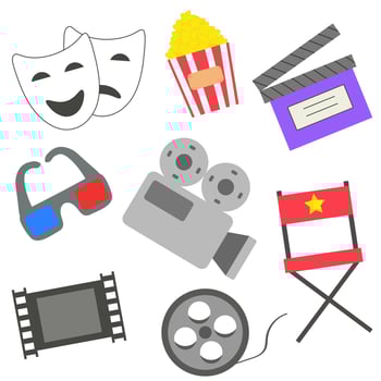 Cinema icon set. Popcorn boxes, film reel, camera, glasses, clapper board. Vector. vector