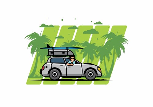 illustration of a man riding a car for vacation vector