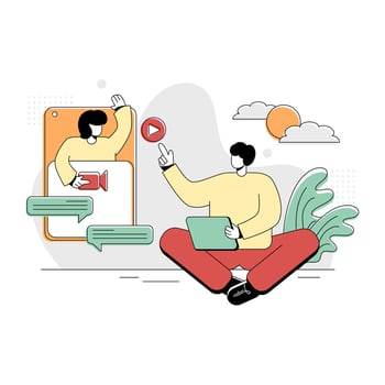 Flat Illustration Vector Graphic of Webinar, the concept of a man and woman having an online discussion using a smart phone, Retro style minimal green red yellow, perfect for ui ux development, web