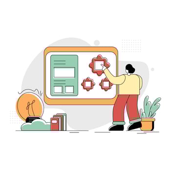 Flat Illustration Vector Graphic of Creative Teaching, the concept of a man teaching putting puzzles on the board, Retro style minimal green red yellow, perfect for ui ux development, web