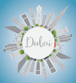Dubai City Skyline with Gray Skyscrapers, Blue Sky and Copy Space. vector