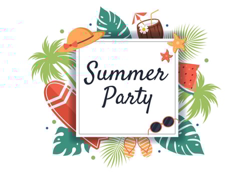 Summer Party Cartoon Background Illustration with Tropical Plants, Equipment on the Beach for Poster or Greeting Card Design vector