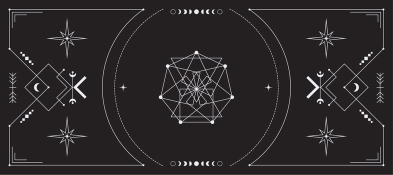 Celestial background with a copy space. Mystical poster with an ornate geometric frame, outline stars and moon phases. Esoteric backdrop vector