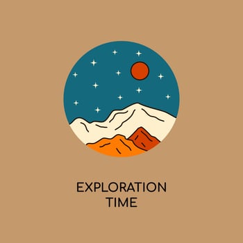 Vintage linear travel patch badge design. Camping label concept. Wild camping on mountain, tree, and river expedition logo. Lumberjack logotype. Pin graphic illustration vector art t-shirt.