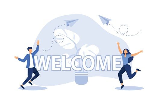 meeting, greeting concept, characters standing near the word greetings and giving greetings signs flat vector design illustration