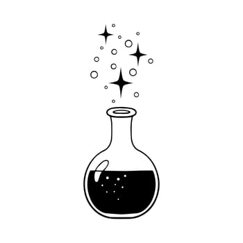 Magic glass bottle sketch. Alchemist elixir, love potion with mystical sparks. Isolated vector illustration