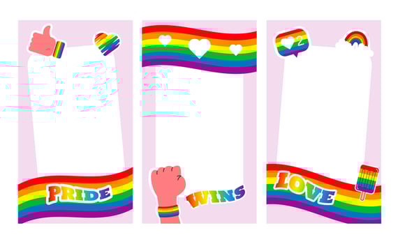 Pride frame stories. LGBT symbols. Love, heart, flag in rainbow colours, Gay, lesbian parade, template Vector  illustration