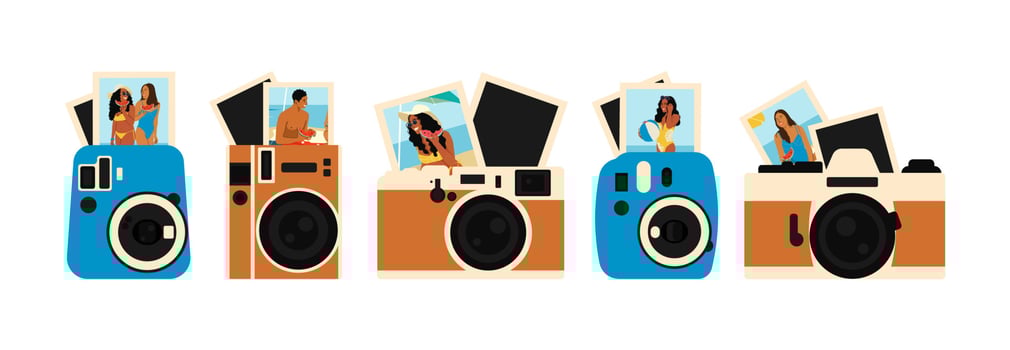 A set of Cameras with Photos. Summer vacation concept. Travel Photos with Cameras. Vector illustration.