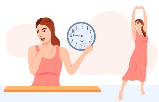 Beautiful young woman waking up in the morning smiling, women's life clock, Healthy lifestyle concept vector illustration.