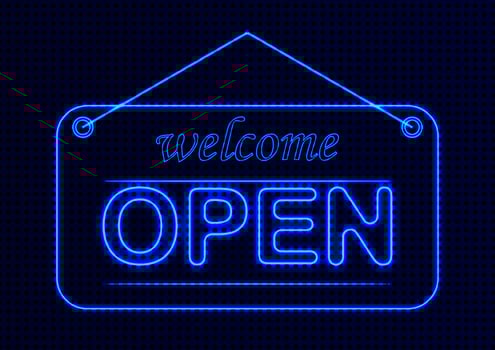 Neon Text Style Welcome Open Graphics Design Vector Illustration