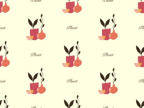 Plant cartoon character seamless pattern on yellow background. Pixel style vector