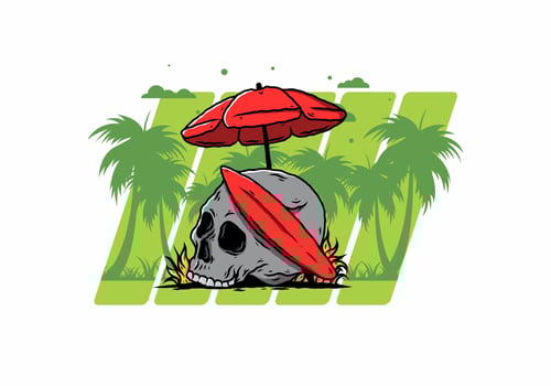 illustration of skull with surfing board under beach umbrella vector