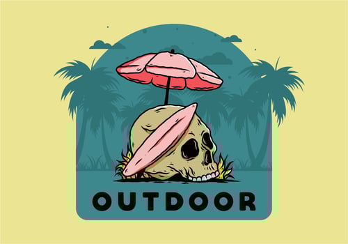 illustration of skull with surfing board under beach umbrella vector