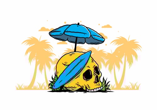 illustration of skull with surfing board under beach umbrella vector