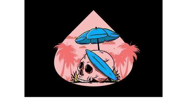illustration of skull with surfing board under beach umbrella vector
