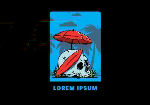 illustration of skull with surfing board under beach umbrella vector