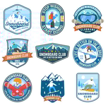 Set of Snowboard Club patches. Vector. Concept for patch, shirt, print, stamp or tee. Vintage typography design with snowboarder and mountain silhouette. Extreme sport. vector