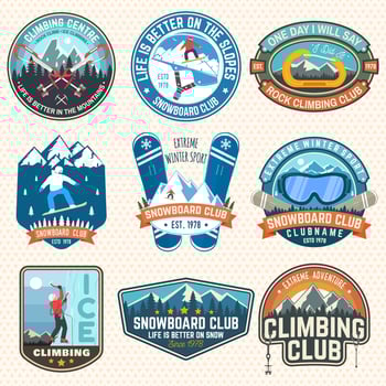 Set of Snowboarding and Rock Climbing club patches. Vector. Concept for patch, shirt, print, stamp. Vintage typography design with snowboarder, climber and mountain silhouette. Extreme sport. vector