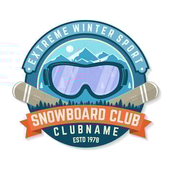 Snowboard Club patch. Vector. Concept for shirt , print, stamp, patch or tee. Vintage typography design with mountains and snowboard goggles silhouette. Extreme winter sport. vector