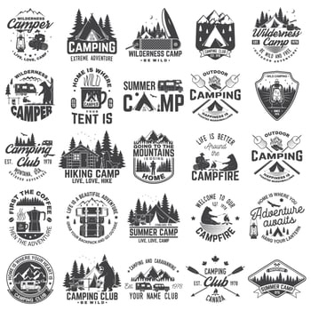 Summer camp. Vector. Concept for shirt or patch, print, stamp. Vintage typography design with rv trailer, camping tent, campfire, bear, coffee maker, pocket knife and forest silhouette. vector