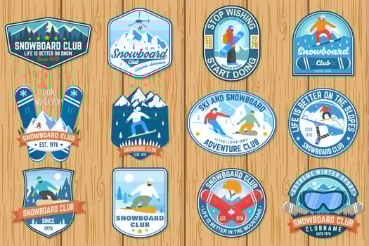 Set of Snowboard Club patches. Vector. Concept for patch, shirt, print, stamp or tee. Vintage typography design with snowboarder and mountain silhouette. Extreme sport. vector