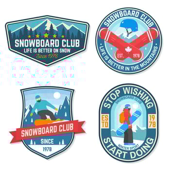 Set of Snowboard Club patches. Vector. Concept for patch, shirt, print, stamp or tee. Vintage typography design with snowboarder and mountain silhouette. Extreme sport. vector