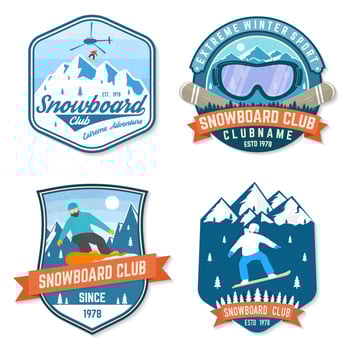 Set of Snowboard Club patches. Vector. Concept for patch, shirt, print, stamp or tee. Vintage typography design with snowboarder and mountain silhouette. Extreme sport. vector