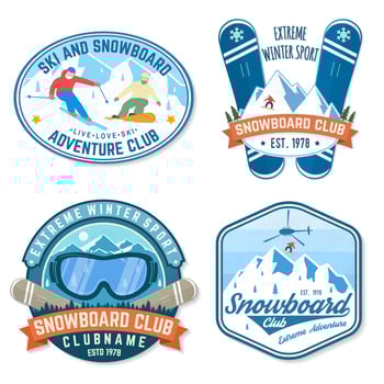 Set of Snowboard Club patches. Vector. Concept for patch, shirt, print, stamp. Vintage typography design with snowboarder and mountain silhouette. Extreme sport. vector