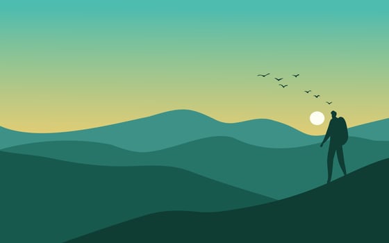 Flat mountain sunset landscape background with traveler vector