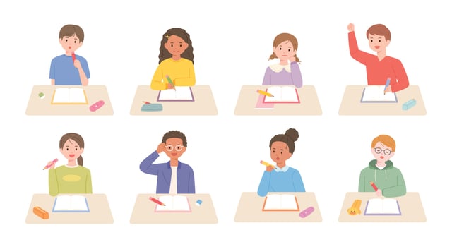 Cute children are studying with books open on the desk. vector