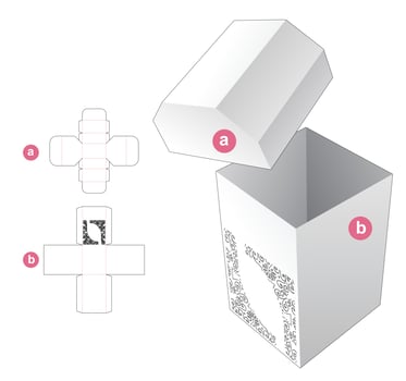 Stenciled chest box with lid die cut template and 3D mockup vector