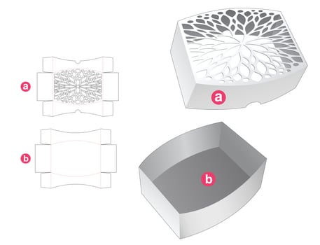 Stenciled round box and lid die cut template and 3D mockup vector