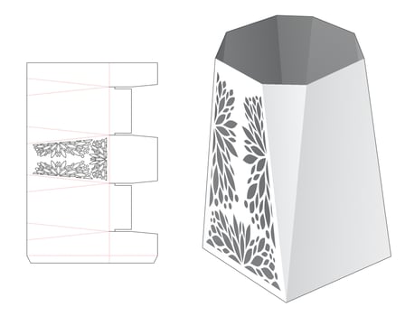 Stenciled chamfered stationery box die cut template and 3D mockup vector