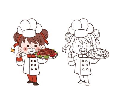 Cute young chef girl smiling and holding a pork steak.cartoon vector art illustration