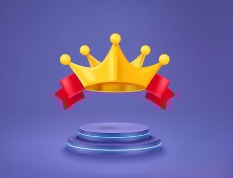 Golden crown with red ribbon on neon podium. Vector 3d illustration