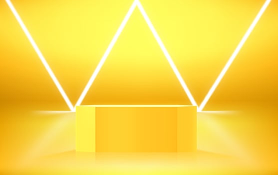 Golden hexagon showcase with neon light. 3d vector illustration with copy space