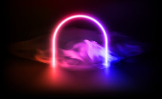 Show case with vivid neon arc and clouds. 3d vector illustration