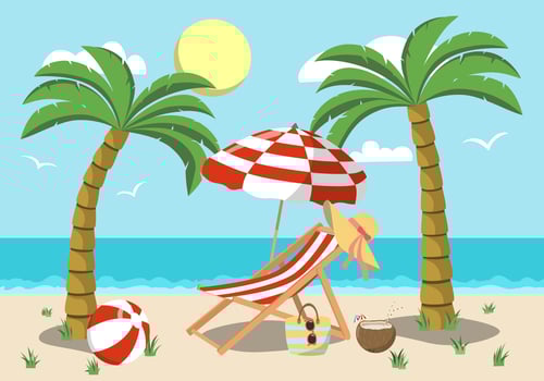 Beach landscape with deck chair, beach umbrella, ball on the sand coast. Sea background. Colorful summer design. Desing for postcards and banners. Vector illustration in flat style