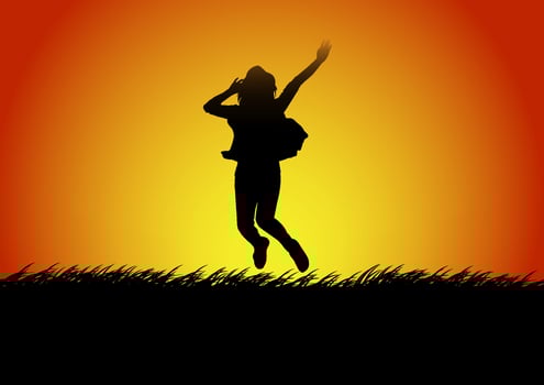 Silhouettes happy jumping women with the light of sunset  background, vector illustration