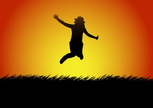 Silhouettes happy jumping women with the light of sunset  background, vector illustration