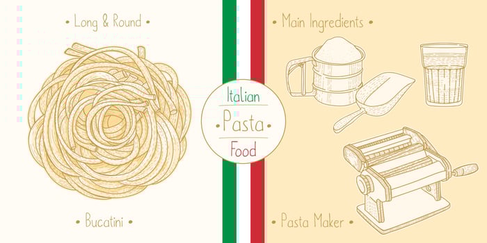 Cooking italian food Sphagetti-like Pasta Bucatini and main ingredients and pasta makers equipment, sketching illustration in vintage style vector