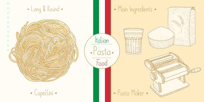 Cooking italian food stuffed Caooelletti Pasta with filling and main ingredients and pasta makers equipment, sketching illustration in vintage style vector