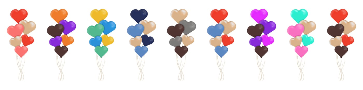 Set of colorful heart shaped balloons for the different events. White string. Vector design.