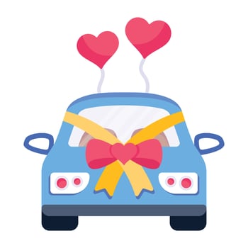 Wedding car with heart balloons, flat vector design