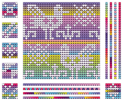 Elemets of Christmas knitting pattern with birds. Neon colors gradient background vector