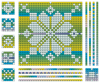 Christmas sweater knitting pattern with northern snowflake, gradient green blue yellow colors vector