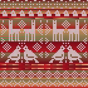 Red Green Gradient Colors Seamless Pattern of Christmas Knitting with dogs and birds vector